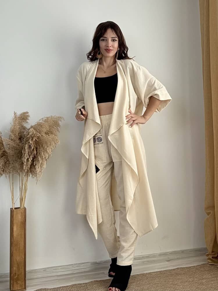 Pamuk Keten Kimono Pantolon Takım (BEJ)
