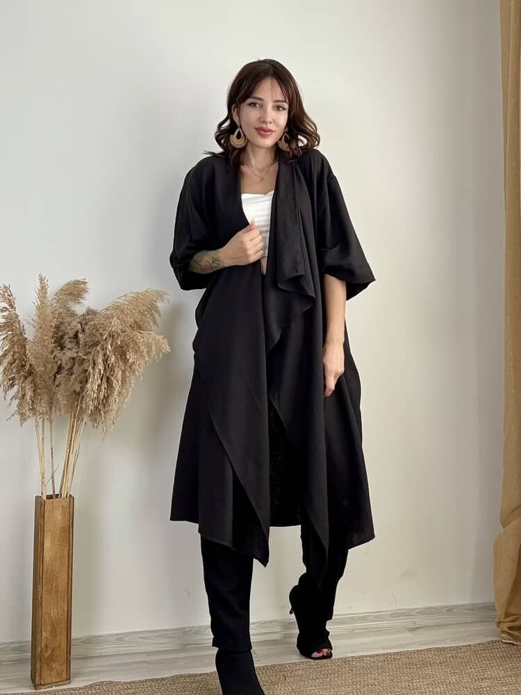 Pamuk Keten Kimono Pantolon Takım (SİYAH)