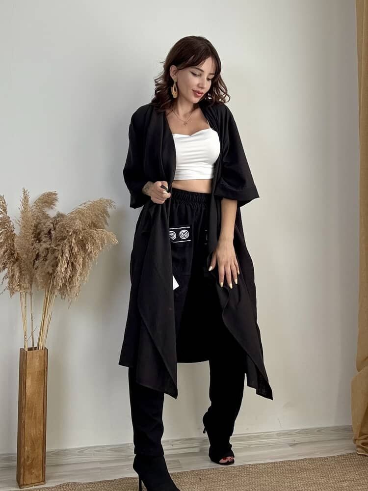 Pamuk Keten Kimono Pantolon Takım (SİYAH)