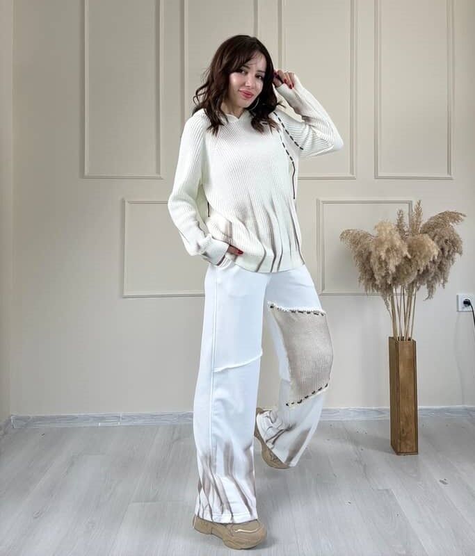 Bej Rengi Triko Bluz Pantolon Takım