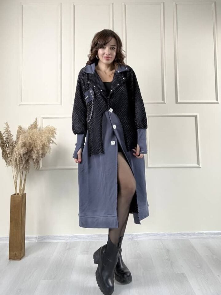 File Detay Eldivenli Antrasit Renk Hırka