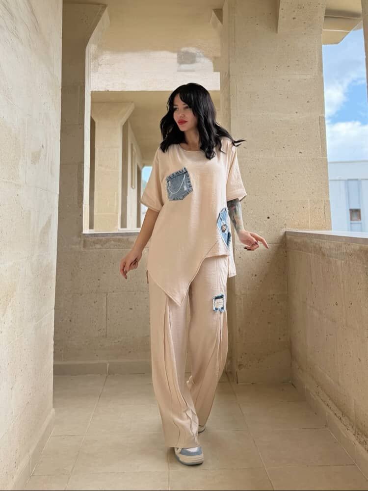 Denim Detay Alt Üst Takım BEJ