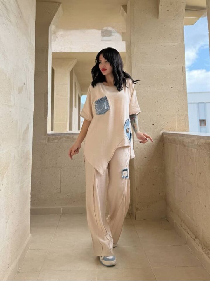 Denim Detay Alt Üst Takım BEJ