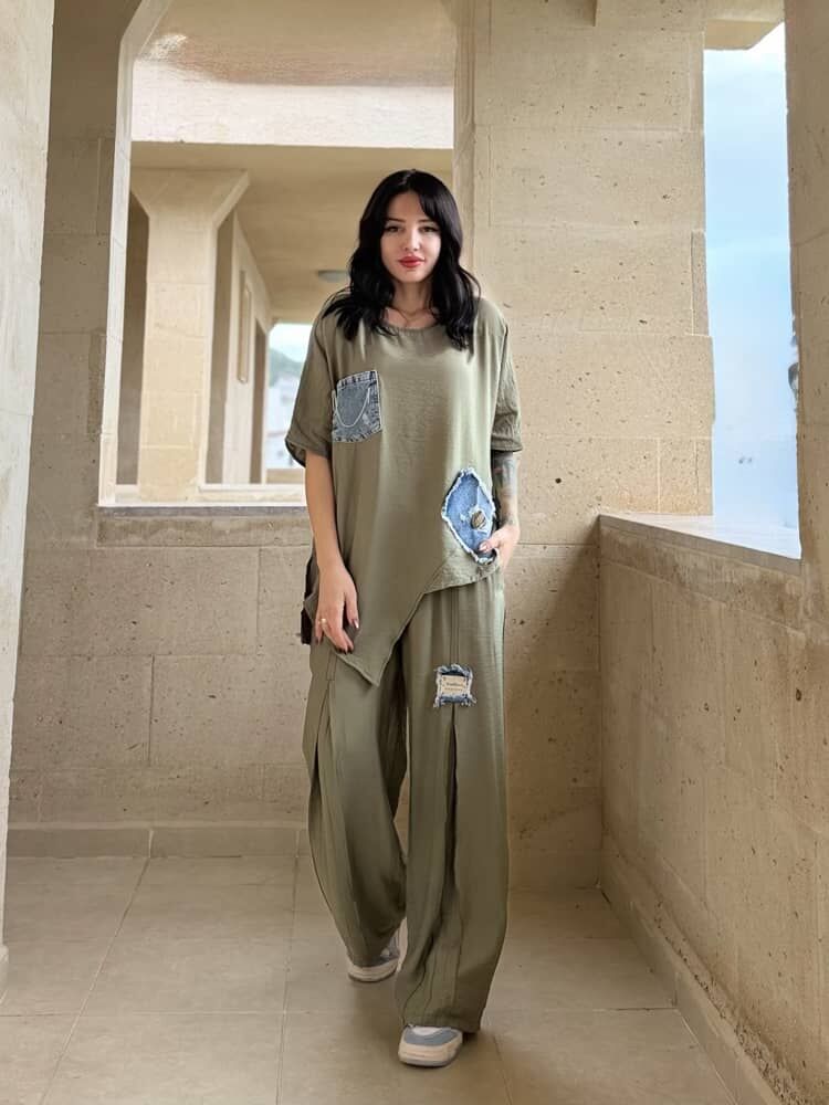Denim Detay Alt Üst Takım HAKİ YEŞİL
