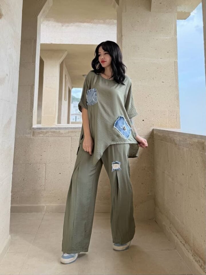 Denim Detay Alt Üst Takım HAKİ YEŞİL