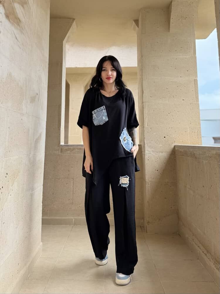 Denim Detay Alt Üst Takım SİYAH