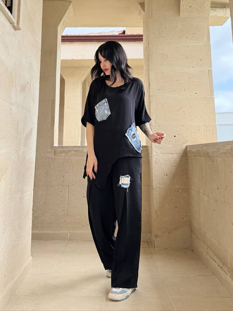 Denim Detay Alt Üst Takım SİYAH